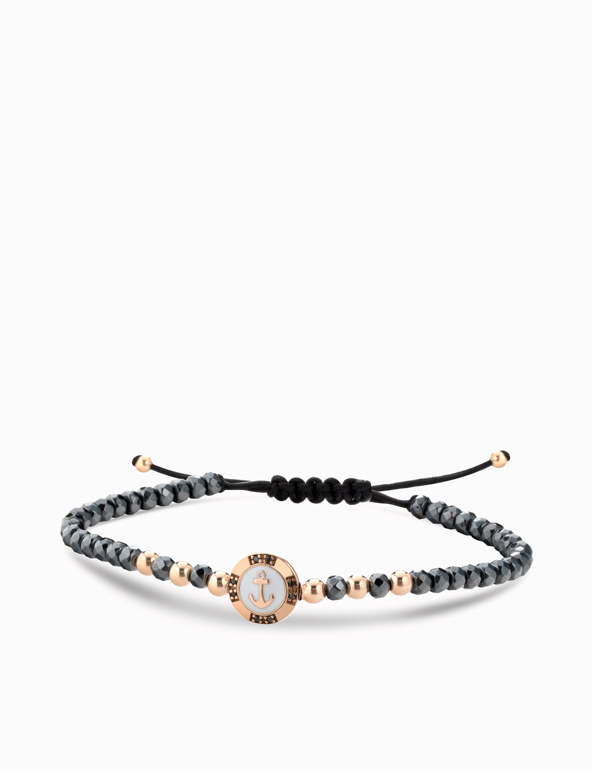 Bracciale a monetina in oro rosa con diamanti neri ancoretta ed ematite grigia