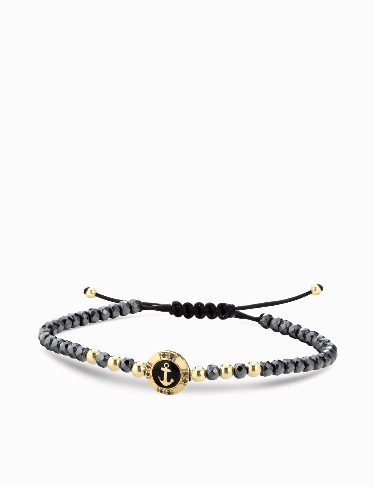 Bracciale a monetina in oro giallo con diamanti neri e ancora ed ematite grigia