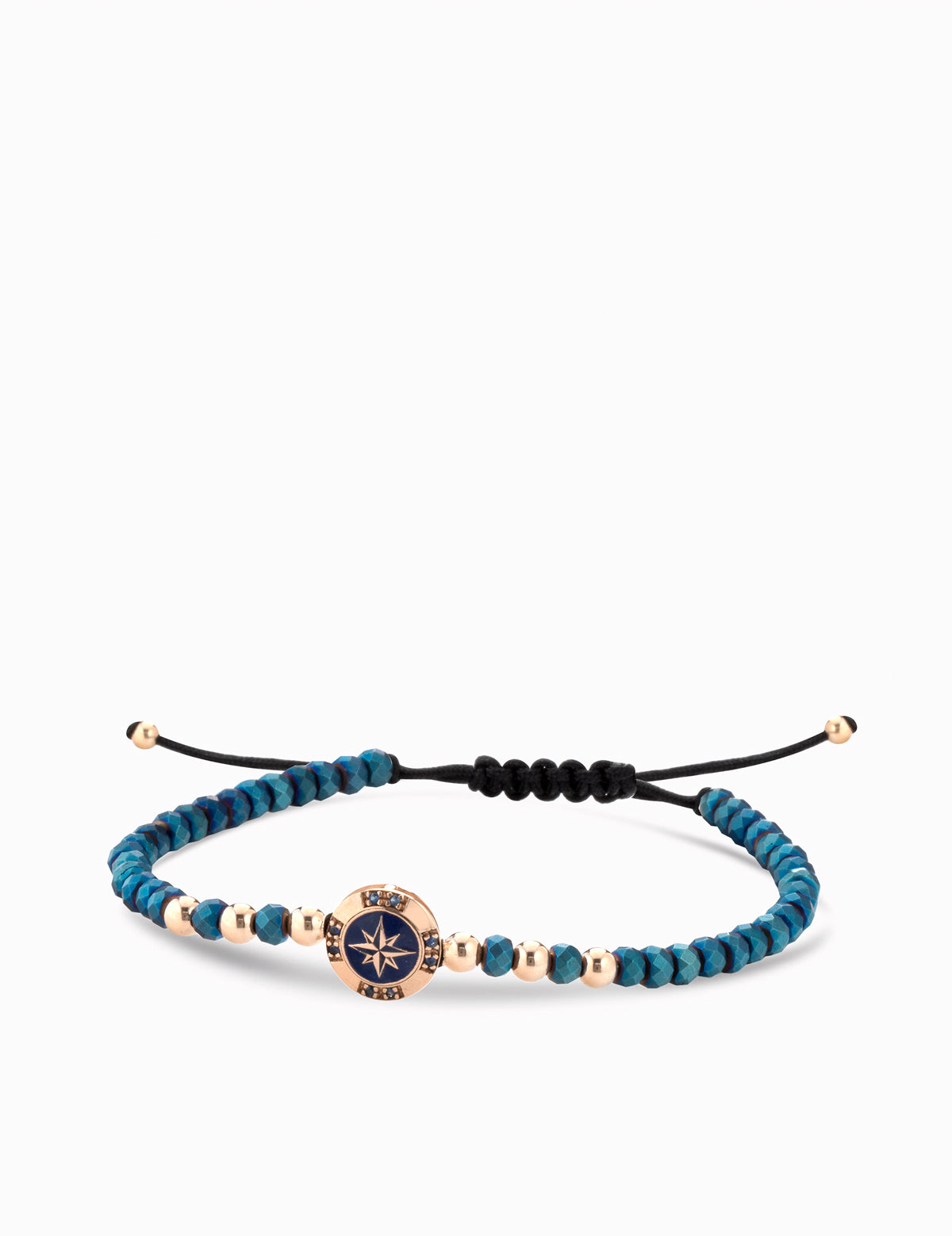 Bracciale a monetina in oro rosa con zaffiri  e rosa dei venti  ed ematite blu