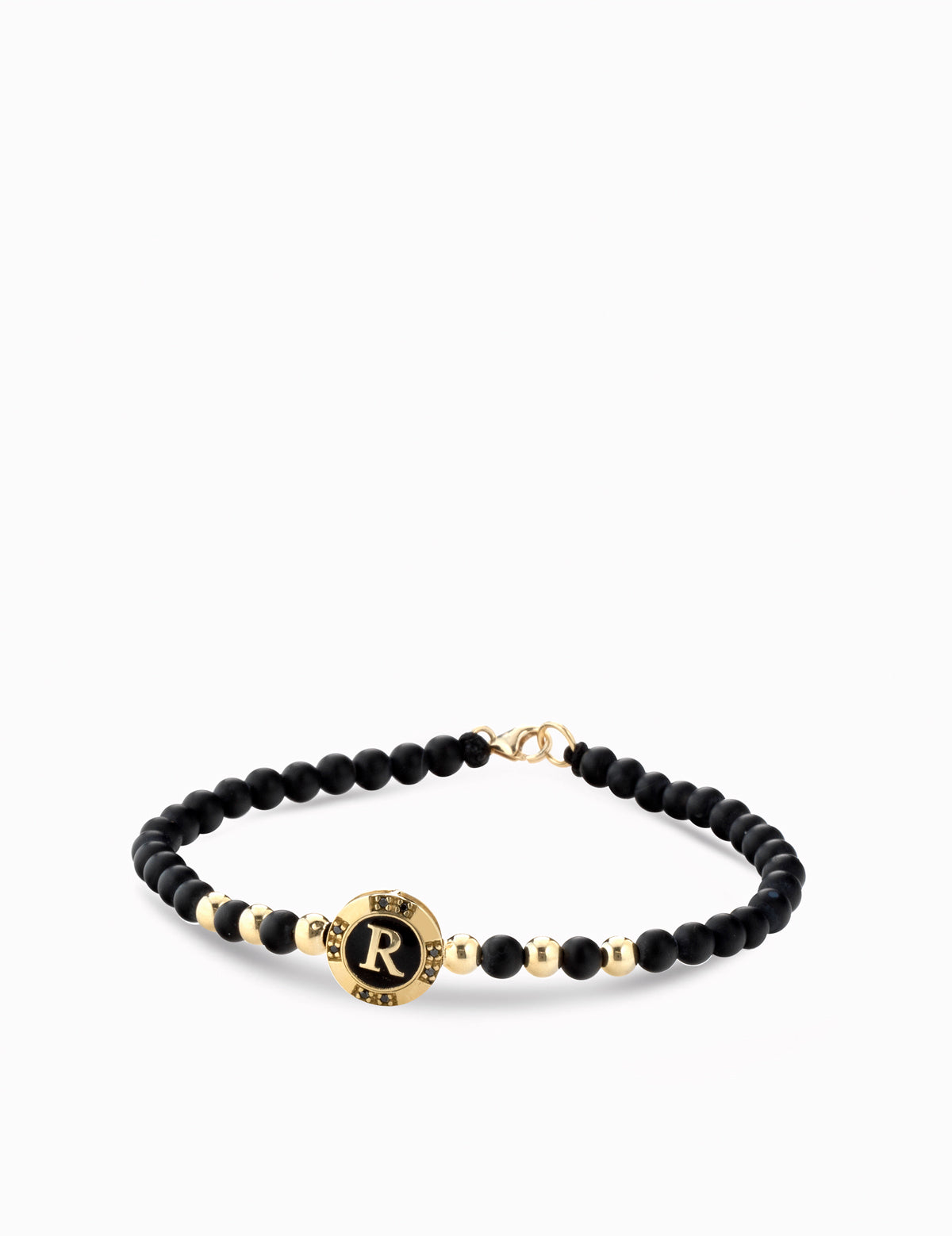 Bracciale monetina con onice in oro giallo  e diamanti neri con lettera personalizzata