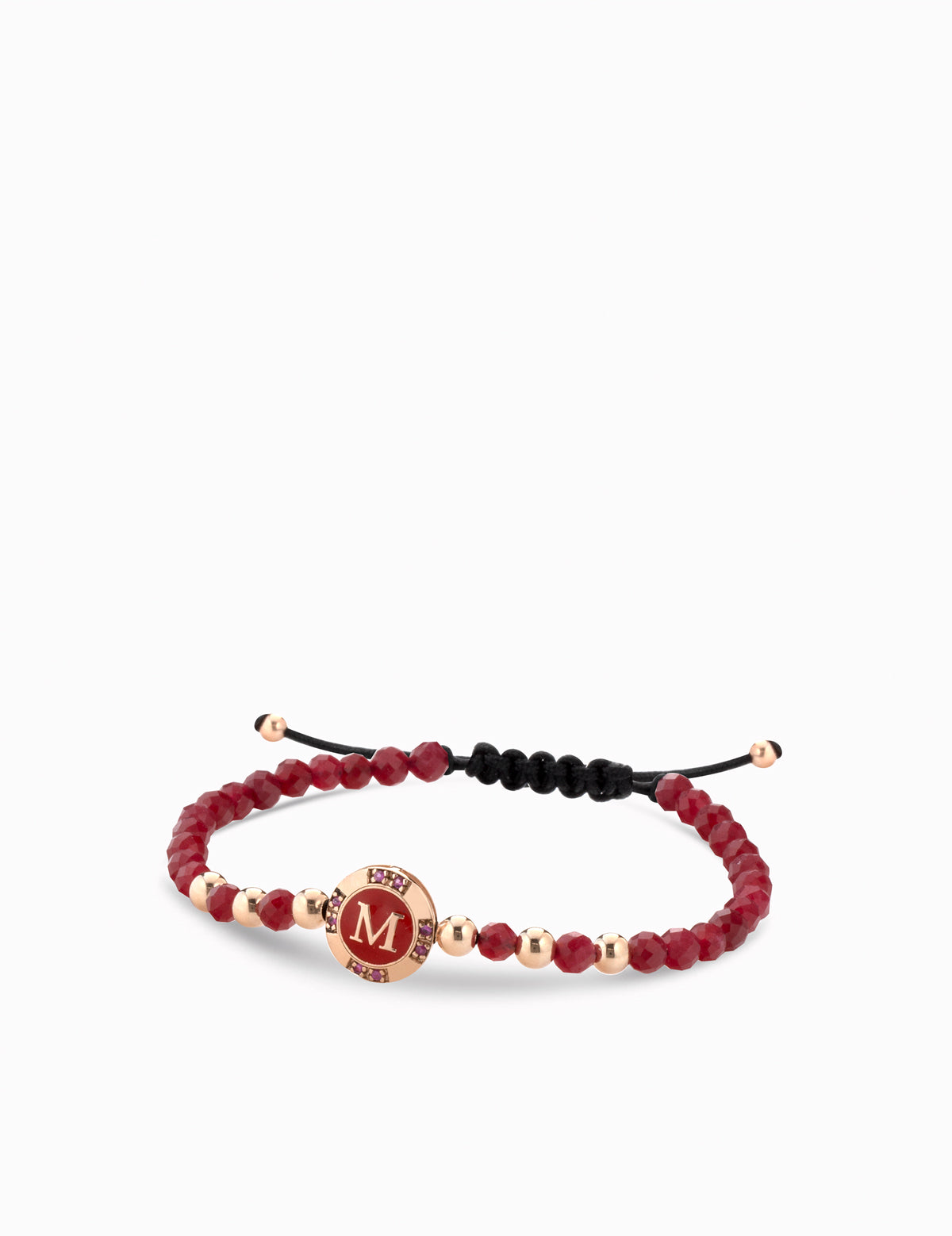 Bracciale monetina oro rosa con rubini ed ematite rossa con lettera personalizzata
