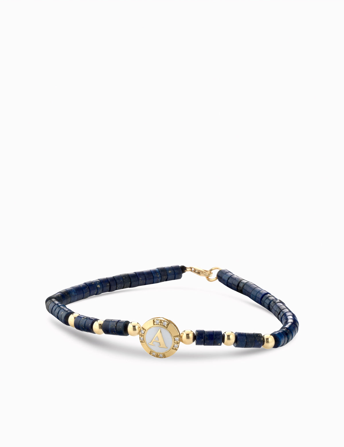 Bracciale monetina in oro giallo con diamanti ed ematite blu con lettera personalizzata