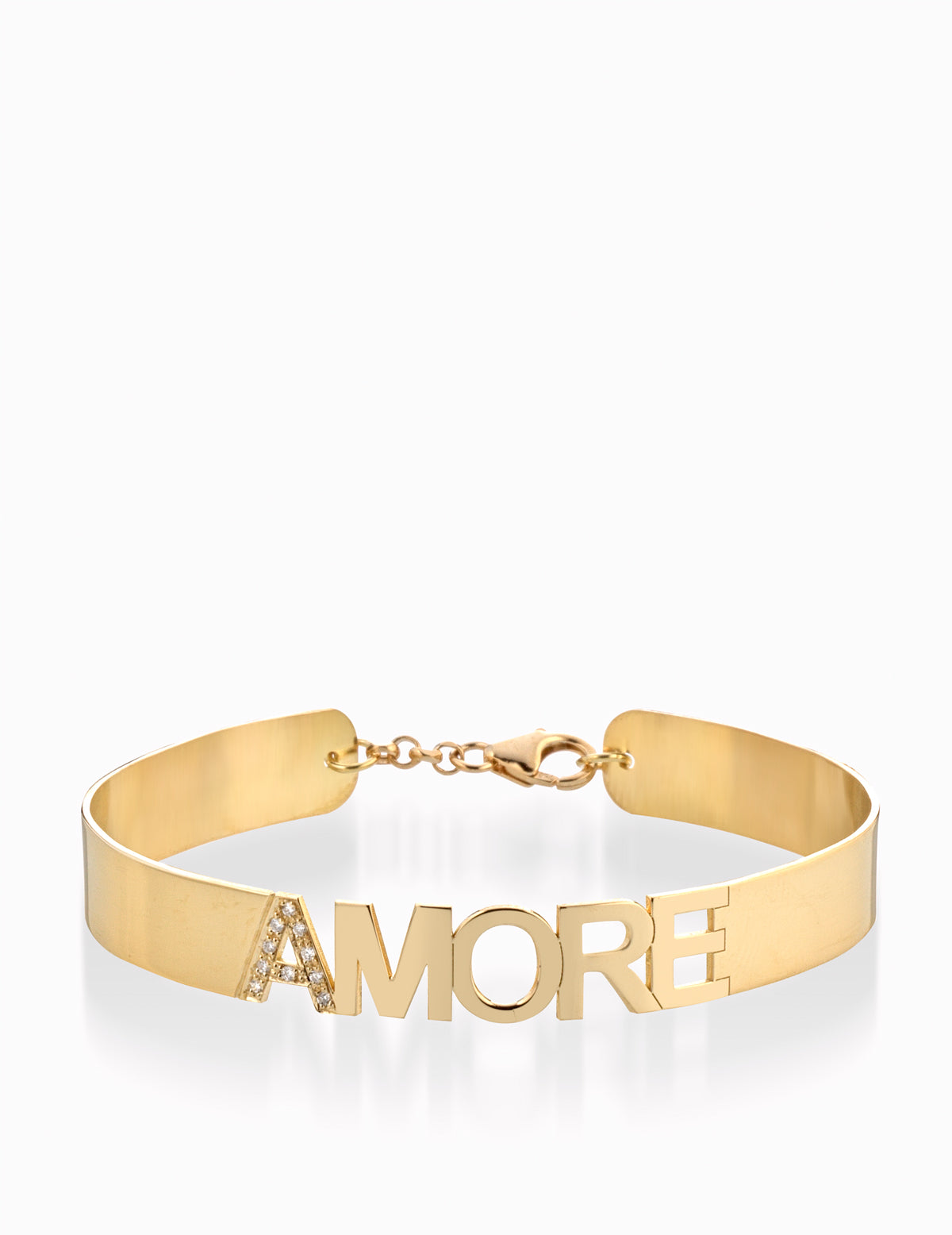 BRACCIALE IN ORO GIALLO CON SCRITTA AMORE E DIAMANTINI RIGIDO