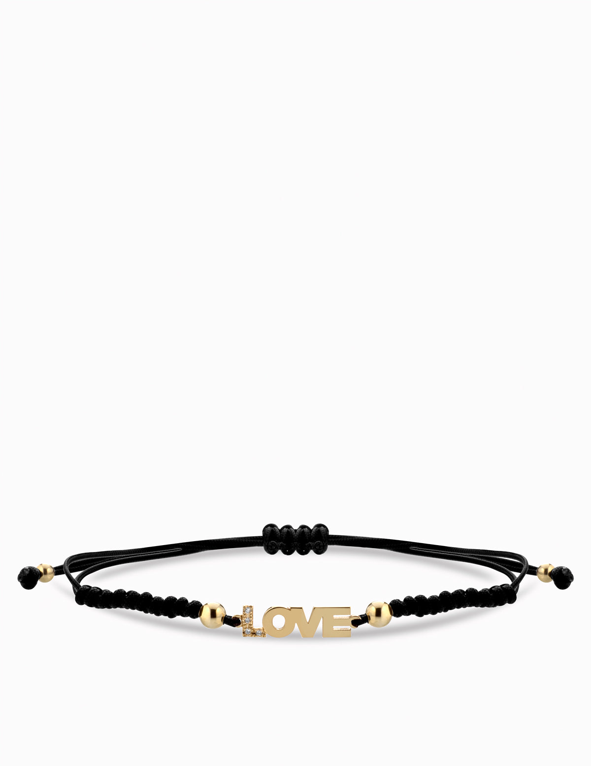 BRACCIALE CON SCRITTA LOVE IN ORO GIALLO CON DIAMANTI LACCIO NERO