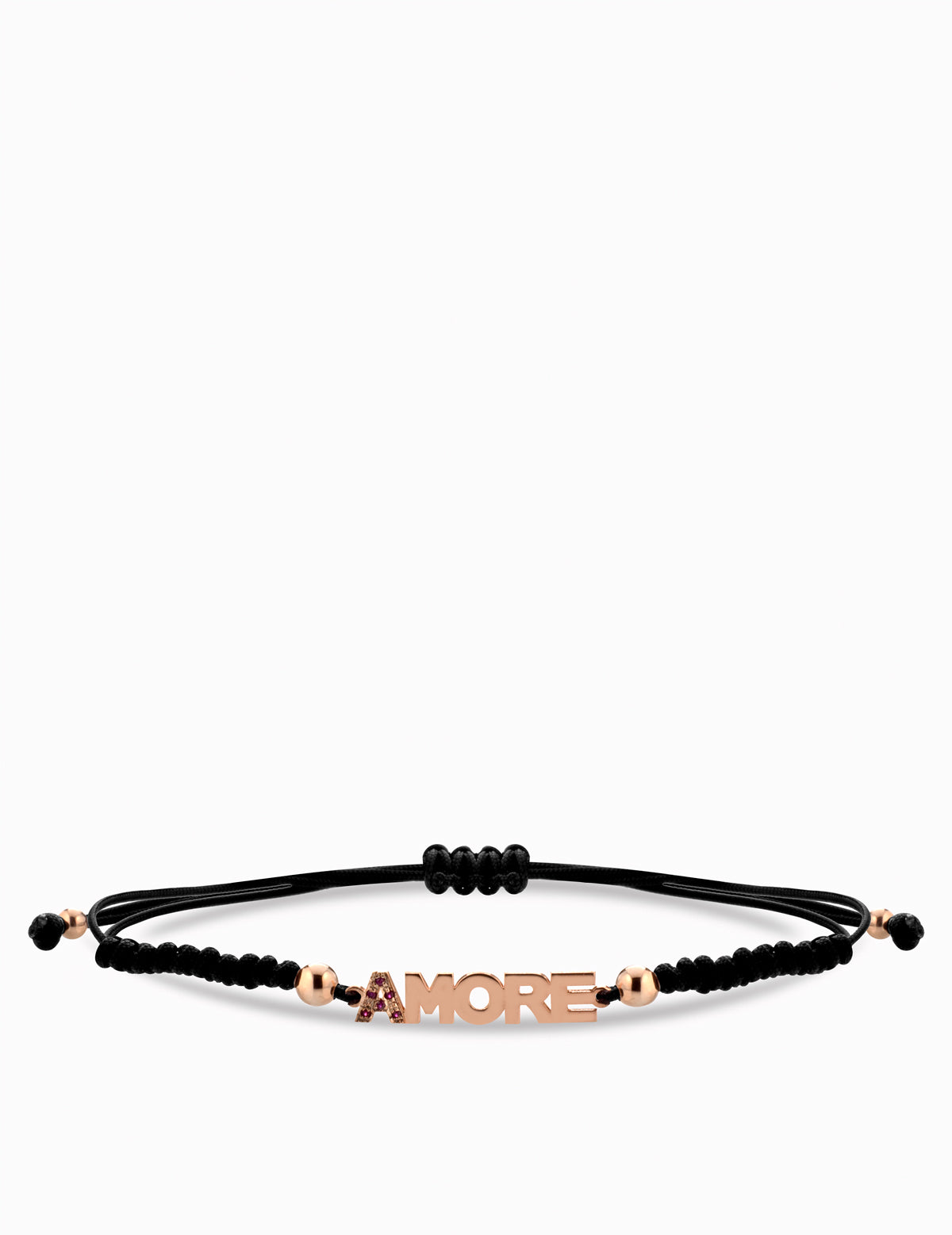 BRACCIALE CON SCRITTA AMORE IN ORO ROSA CON RUBINI LACCIO NERO