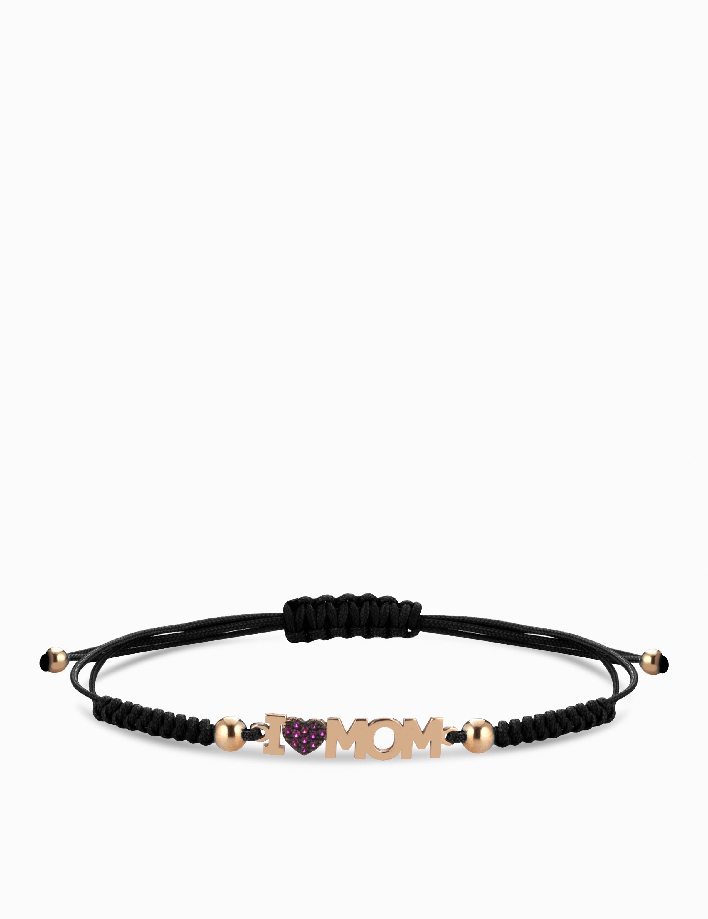 bracciale con laccio e scritta i love mom con rubini