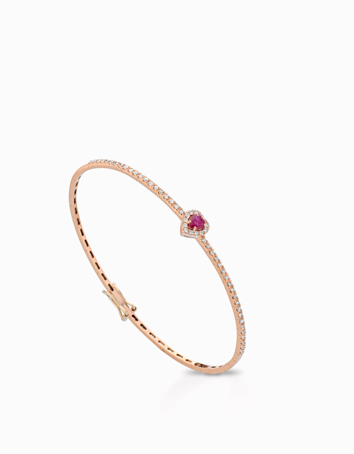 BRACCIALE RIGIDO CON DIAMANTI E CUORE DI RUBINO IN ORO ROSA