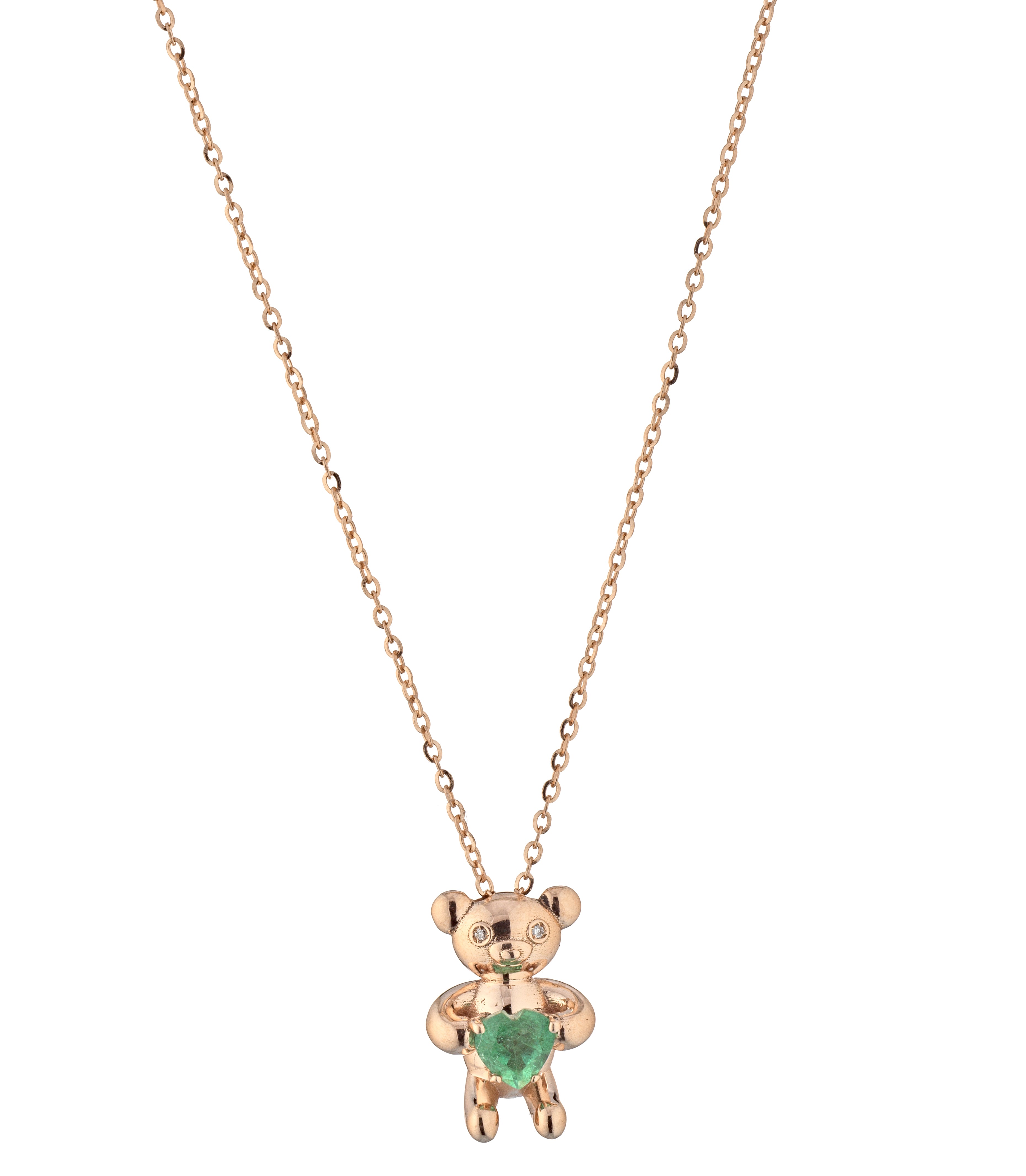 CIONDOLO ORSETTO IN ORO ROSA CON CUORE SMERALDO E DIAMANTINI