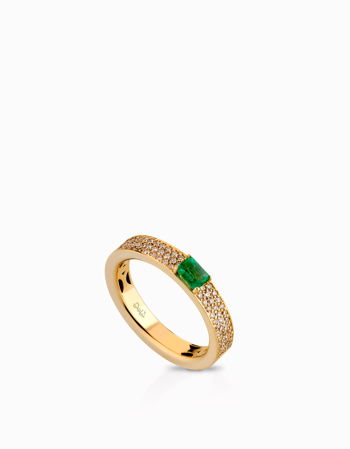 ANELLO FASCIA IN ORO GIALLO CON DIAMANTI E SMERALDO CENTRALE