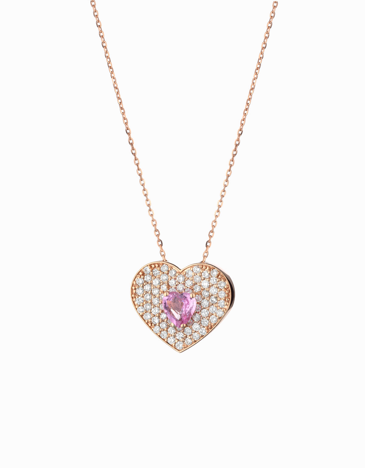 CIONDOLO CUORE ROSA IN ORO BIANCO CON DIAMANTI E ZAFFIRO ROSA CENTRALE