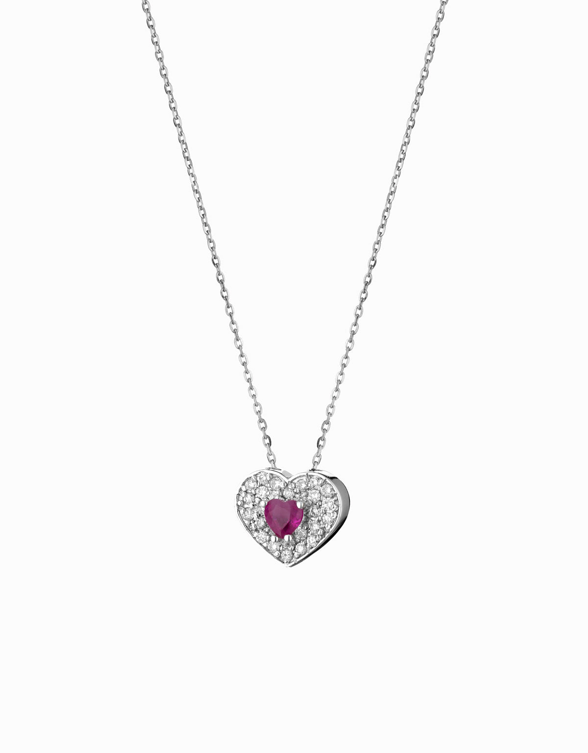 CIONDOLO CUORE PICCOLO IN ORO BIANCO CON DIAMANTI E RUBINO CENTRALE