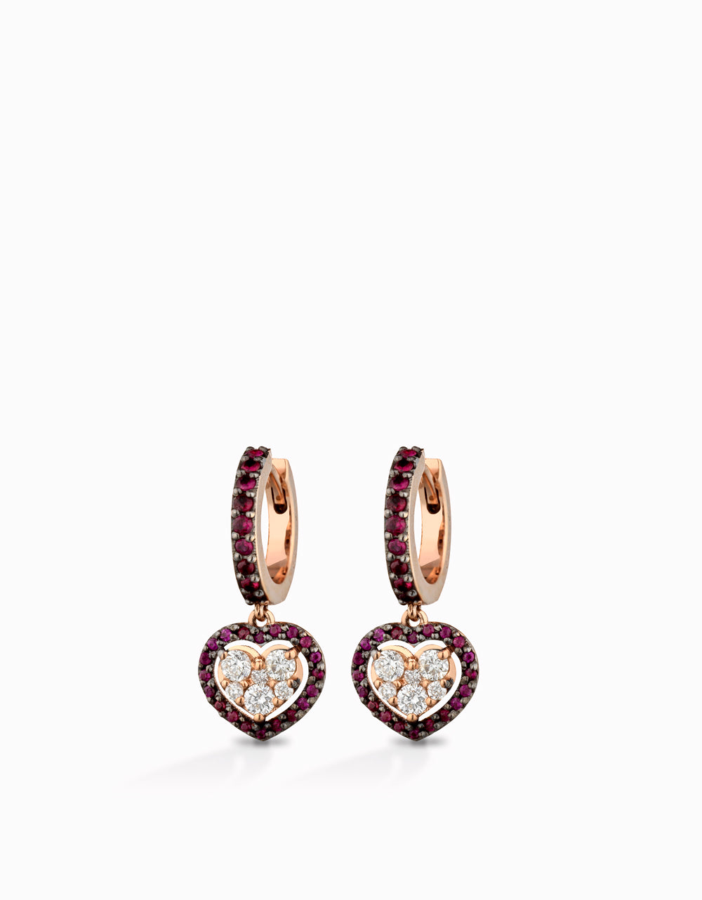 Orecchini a cerchio placcati oro rosa con tormalina e cuore Orecchini a cerchio placcati oro rosa con tormalina e cuore