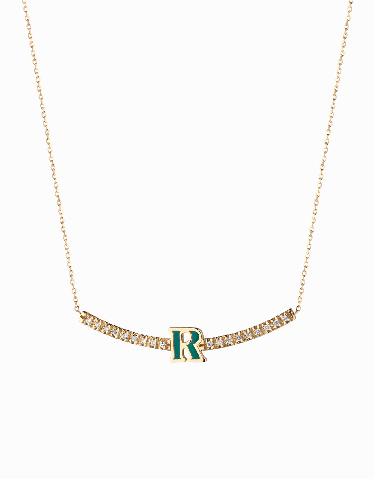 ciondolo in oro giallo con lettera R smaltata verde e diamanti