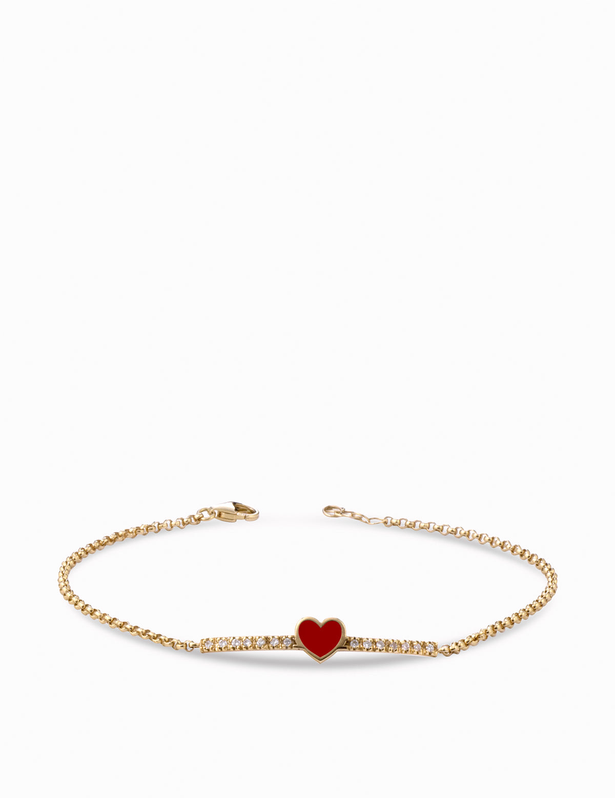 bracciale in oro giallo con cuore smaltato rosso e diamanti