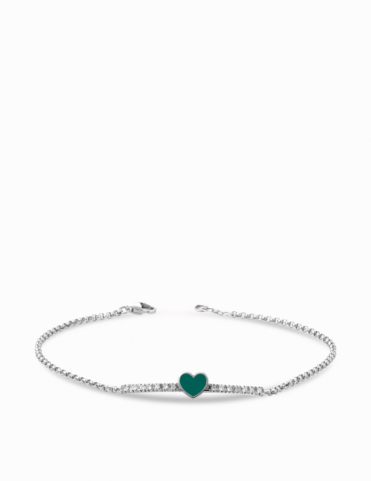 bracciale oro bianco con cuore smaltato verde e diamanti