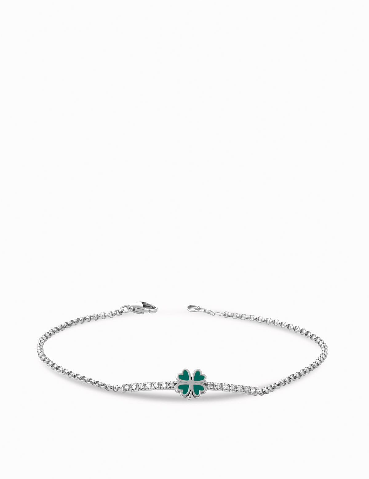 bracciale in oro bianco con quadrifoglio smaltato verde e diamanti