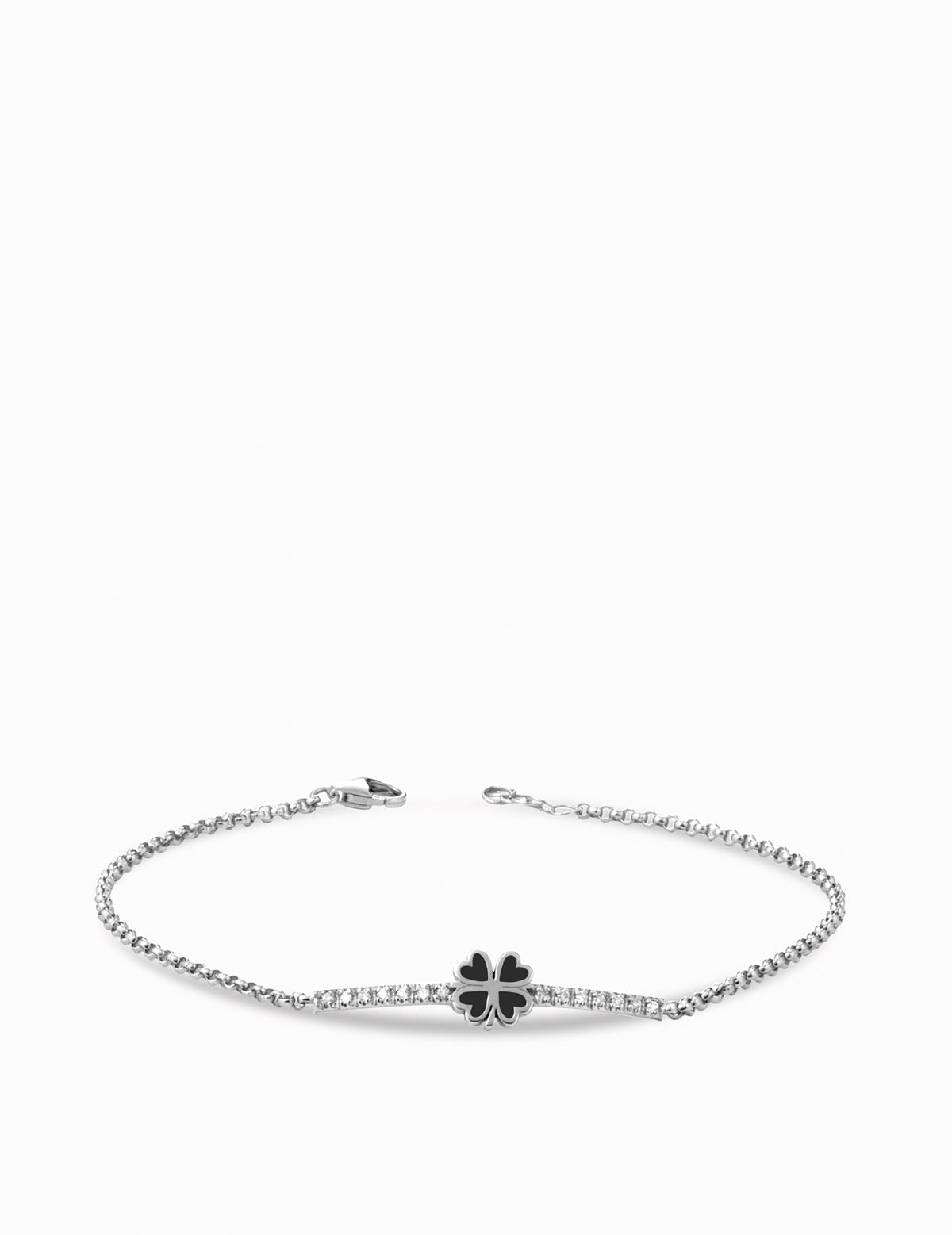 bracciale in oro bianco con quadrifoglio smaltato nero e diamanti