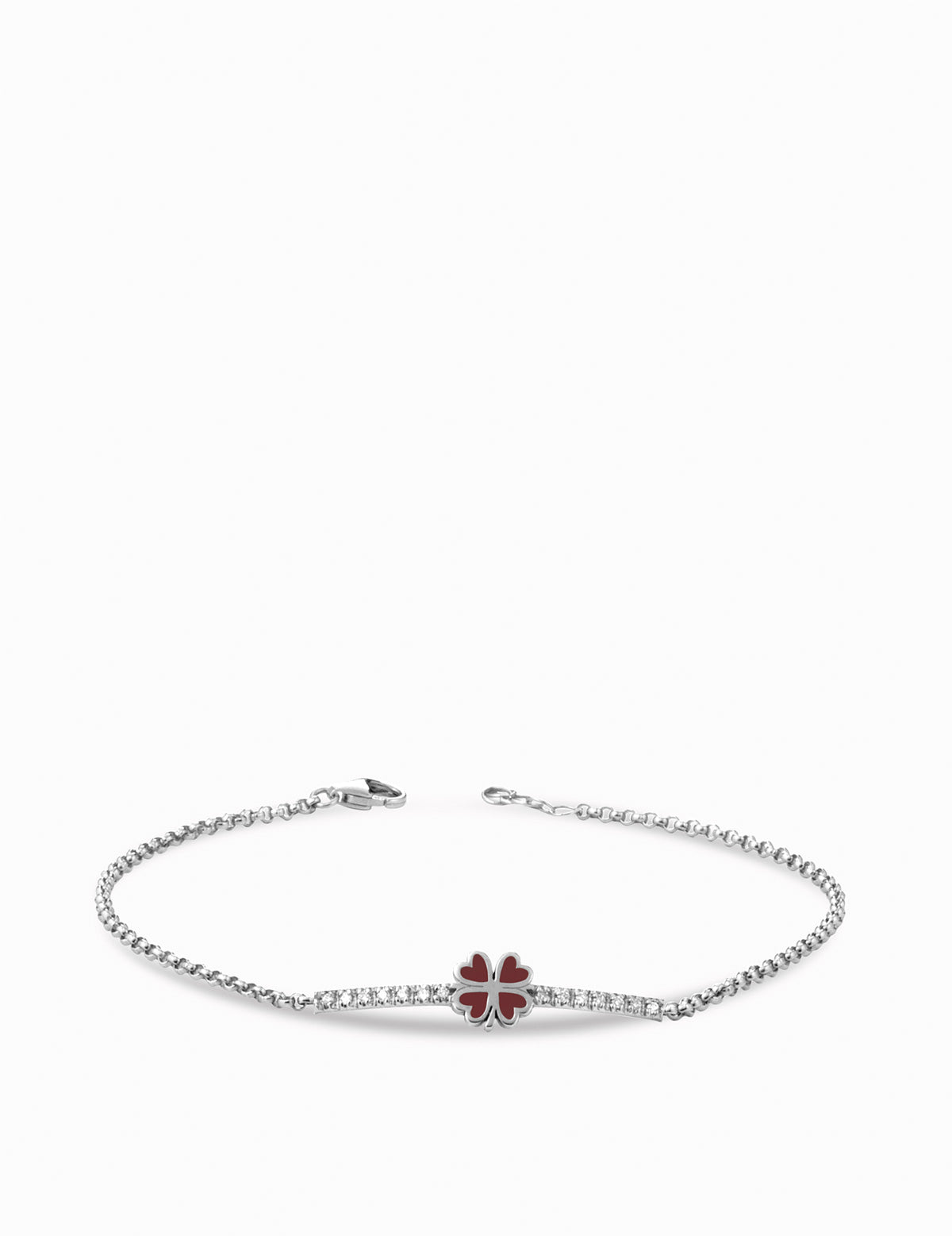 bracciale in oro bianco con quadrifoglio smaltato rosso e diamanti