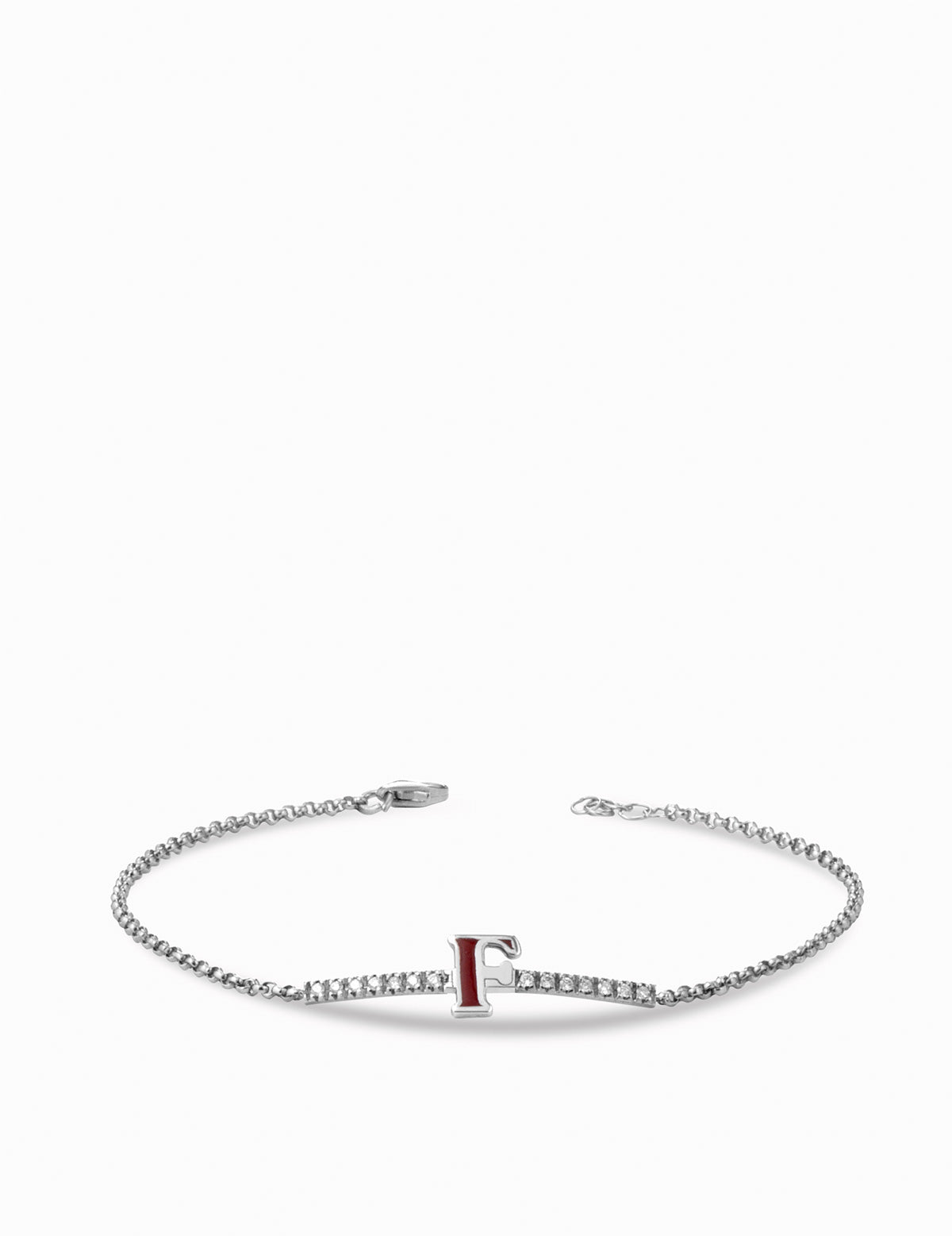 bracciale in oro bianco con lettera F smaltato rosso e diamanti