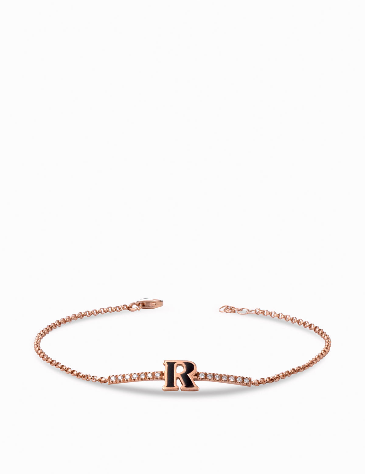 bracciale in oro rosa con lettera R smaltata nero e diamanti