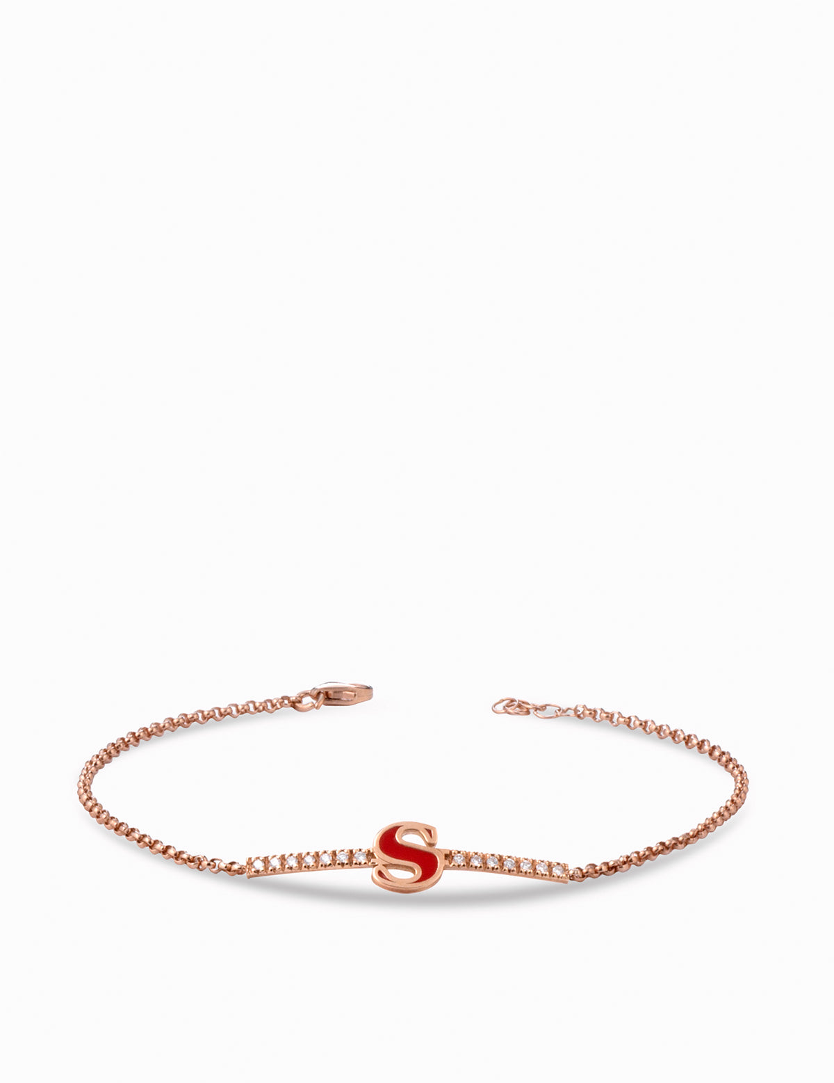 bracciale in oro rosa con lettera S smaltata rossa e diamanti