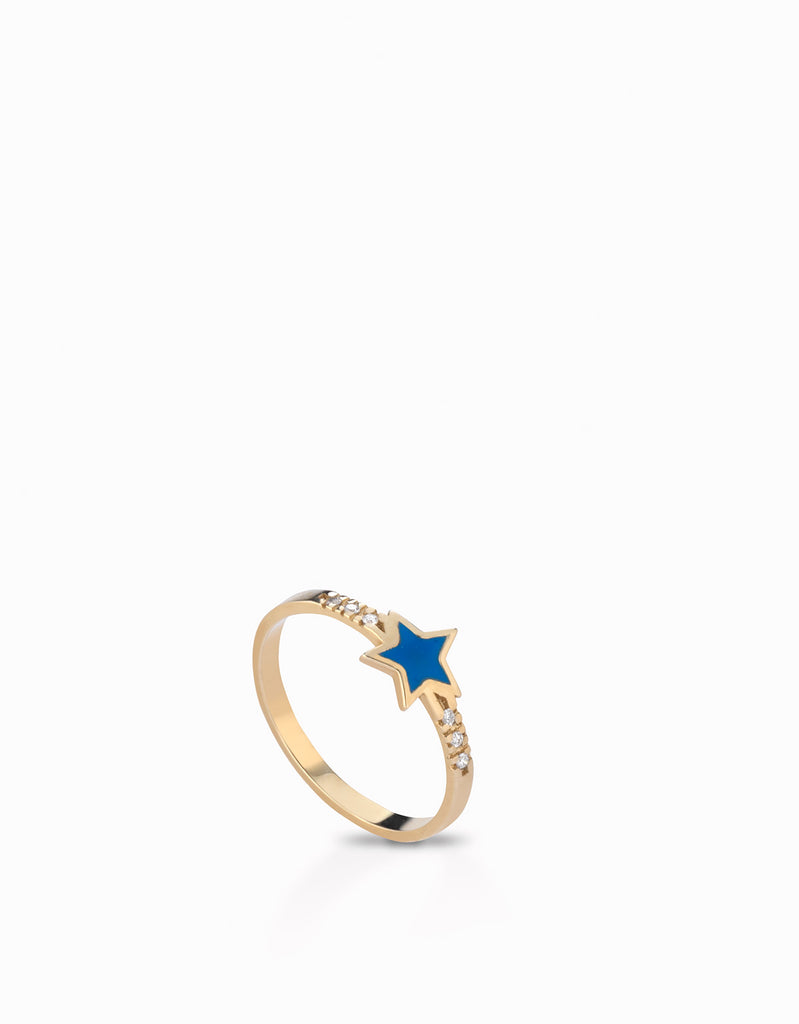 anello stella in oro giallo con smalto blu e diamanti