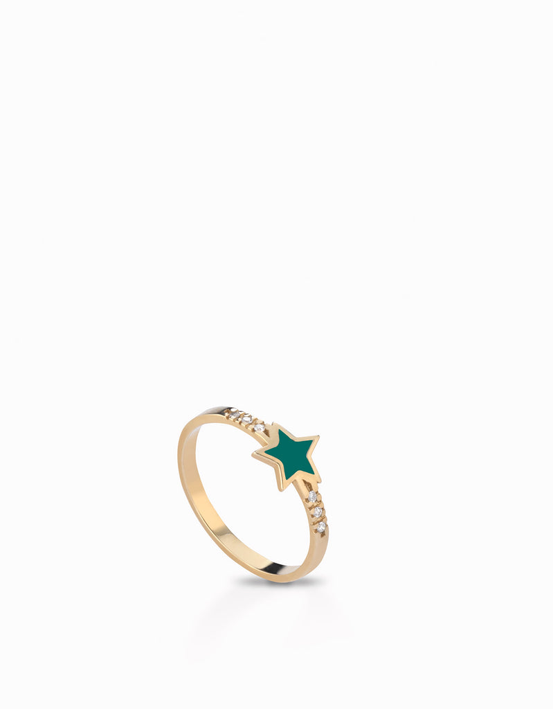anello stella in oro giallo con smalto verde e diamanti