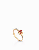 anello quadrifoglio oro giallo con smalto rosso e diamanti