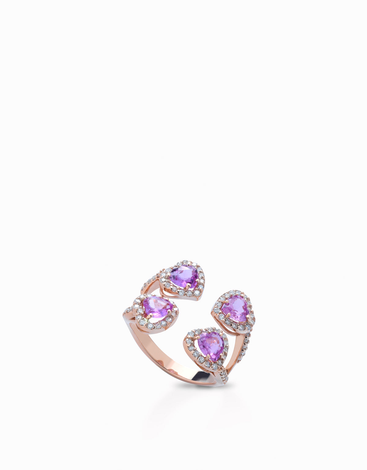 ANELLO IN ORO ROSA CON DIAMANTI E 4 CUORI DI ZAFFIRI ROSA